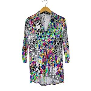 SNO SKINS Multicolor Button Down 3/4 Sleeve Tunic Top Blouse Womens MD Abstract